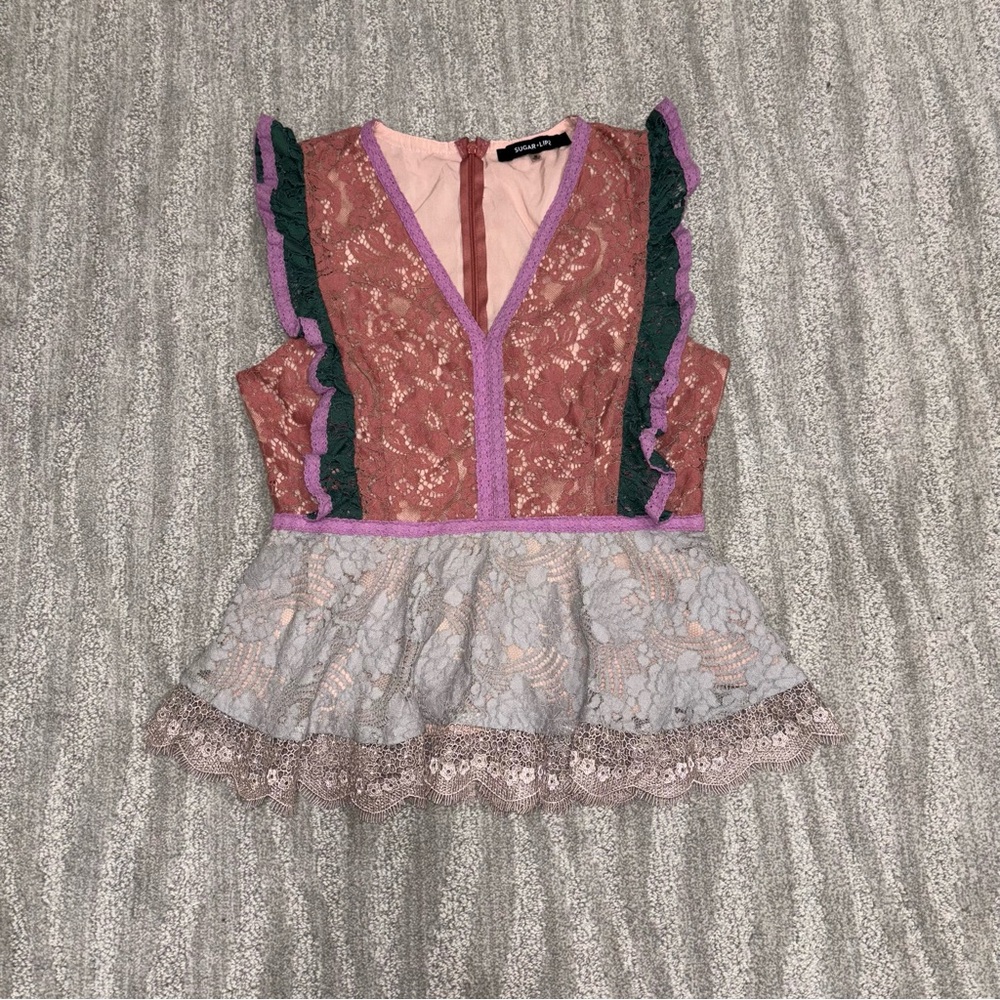 Sugar Lips Lace Sleeveless Top Ruffle Multicolor Boho Lined Women’s Size M